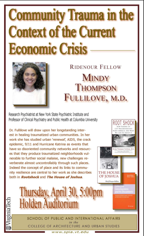 Poster of 2009 Ridenour Public Lecture: Community Trauma in the Context of the Current Economic Crisis